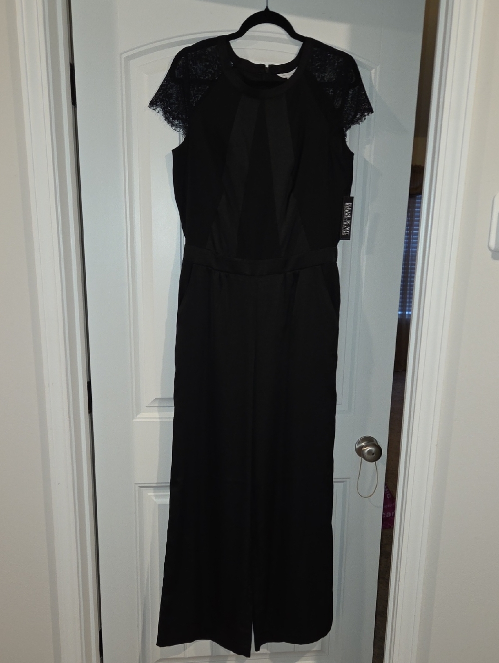Black Lace Cap-Sleeve Jumpsuit With Pockets